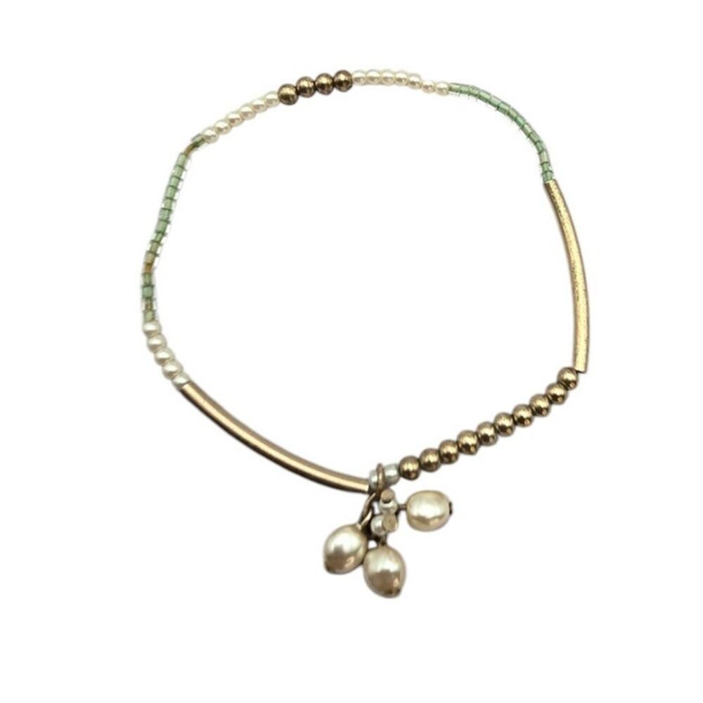 Pearl Charm Stretch Bracelet Sage Green Gold Tone Minimalist Feminine